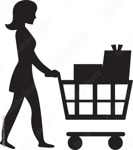 Woman pushing shopping cart filled with items silhouette vector, black and white silhouette vector illustration