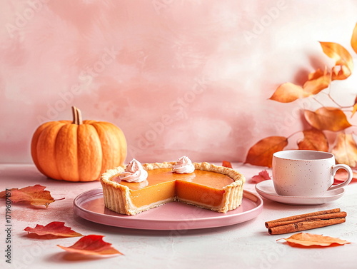Minimalistic autumn dessert table pumpkin pie cinnamon sticks autumn leaves, stock