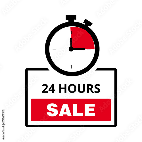 Red 24 hours sale banner with a chronometer on a white background