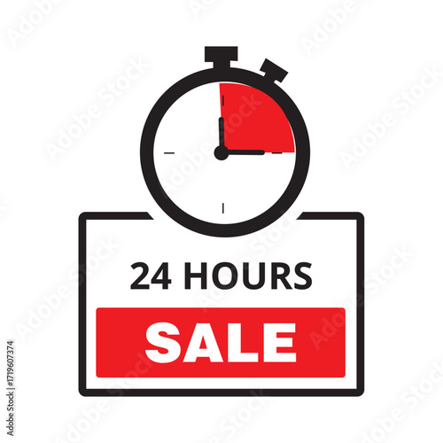 Red 24 hours sale banner with a chronometer on a white background