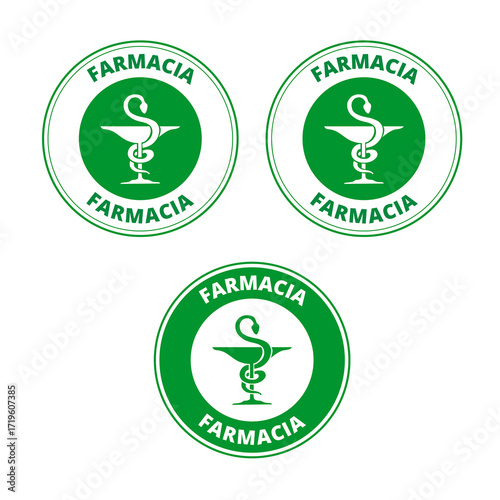 Green farmacia labels with the draw of a snake and a cup on a white background (trad. pharmacy)