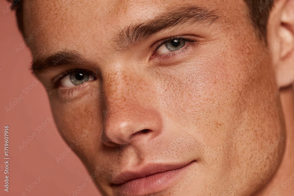 Obraz premium A close-up portrait of a young man with natural freckles and captivating eyes.