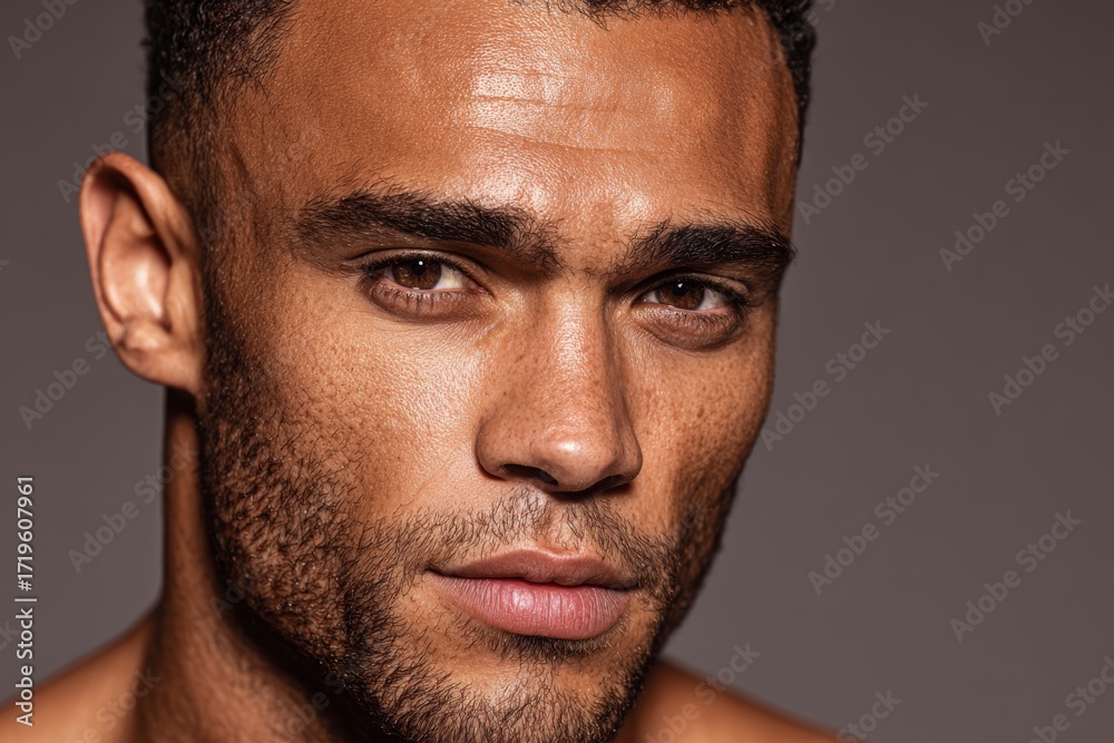 Fototapeta premium Close-up portrait of a handsome man with an intense, direct gaze and strong features.