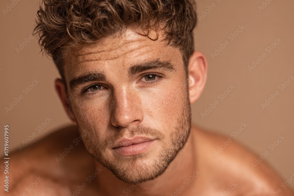 Fototapeta premium Natural close-up portrait of a young man with freckles and curly hair.