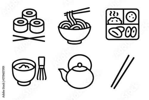 Line icons of japanese cuisine: sushi, ramen, bento, matcha, teapot, chopsticks