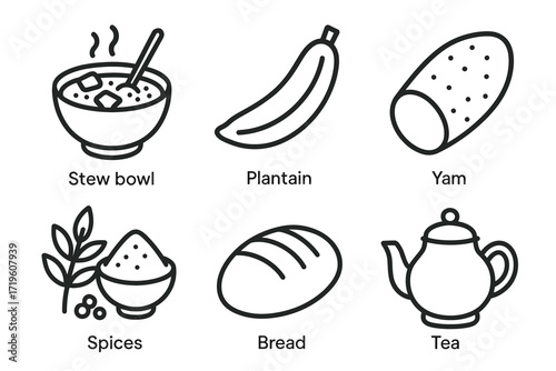Line art icons of traditional foods and beverages including stew bowl, plantain, and tea