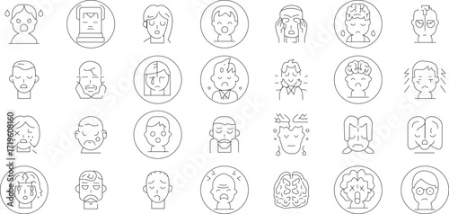Line Art Icons of Mental Health, Depression