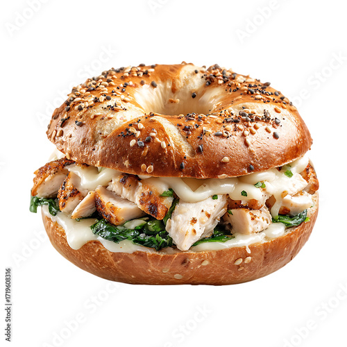 Delicious grilled chicken spinach and cheese bagel sandwich