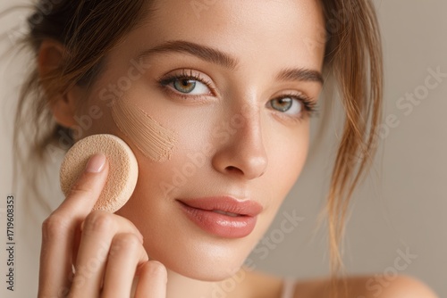 Beautiful woman applying liquid foundation with a sponge for perfect skin.
