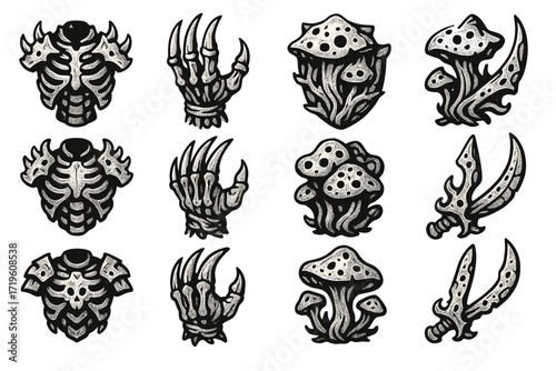 Fantasy armor and weapons set with skull, claw, and mushroom designs