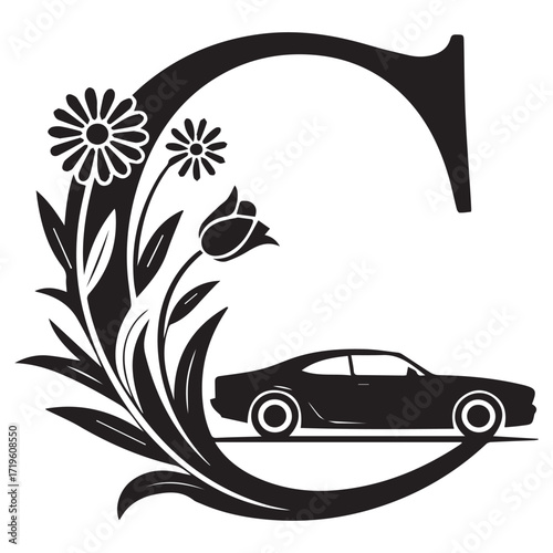 Elegant black silhouette of a classic sports car integrated with floral embellishments and the letter c