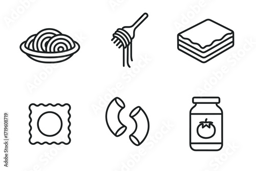 Line art icons of pasta: spaghetti, lasagna, ravioli, and macaroni with tomato sauce jar