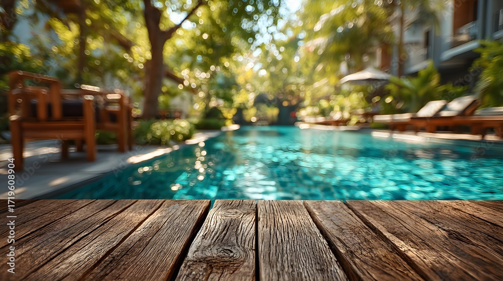 Fototapeta premium Beautiful, empty wooden deck in the foreground with a blurred background of a sparkling blue swimming pool on a sunny, luxurious vacation day.