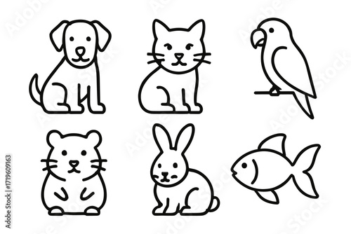 Simple line art of common pet animals: dog, cat, parrot, hamster, rabbit, fish