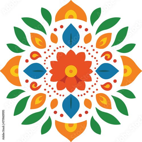 Vibrant Mandala Floral Pattern With Bold Colors, Radial Symmetry, and Decorative Shape Elements