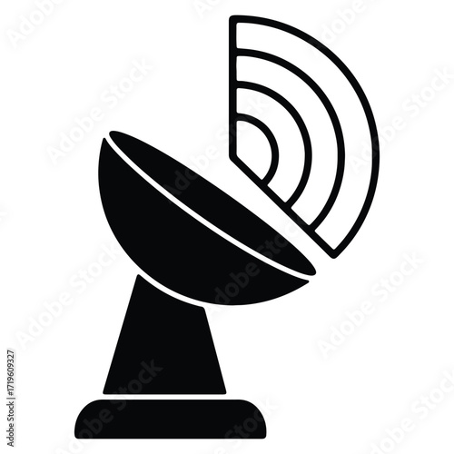 Black and white satellite dish transmitting radio waves illustration vector