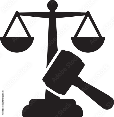 Silhouette of a law hammer and scale icon, perfect for justice, court, and legal concepts.