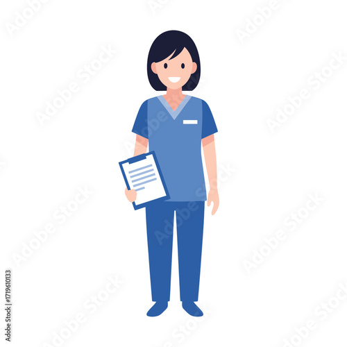 A medical professional in blue scrubs holding a clipboard, with a smile on her face