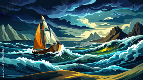 Very beautiful panorama, sailboat on stormy ocean, dark sky and rough sea, panoramic view captures dramatic waves crashing, thunder echoing above, distant lightning flickering, and the vessel’s braver