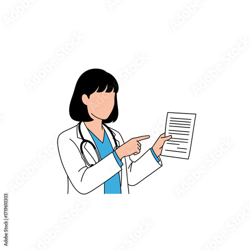 A doctor points at a document while wearing a stethoscope and a white coat