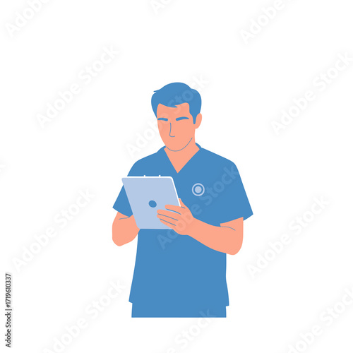 A medical professional reviewing data on a tablet. The image depicts a healthcare worker engaged in tasks that often demand expertise.