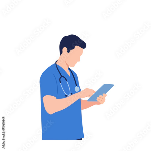 A medical professional examines data on a tablet. The doctor is wearing blue scrubs and a stethoscope