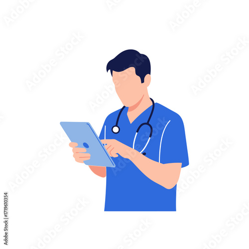 A medical professional, deep in thought, focused on a tablet