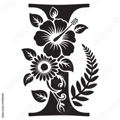 Elegant black silhouette of the letter i adorned with tropical hibiscus and daisy flowers and fern leaves