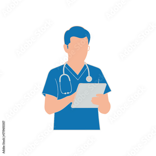 A healthcare professional dressed in blue scrubs, holding a tablet, and wearing a stethoscope