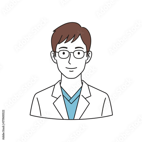 A professional doctor in a white lab coat with eyeglasses, symbolizing healthcare and medical expertise. A medical professional portrait with eyeglasses smiling in illustration