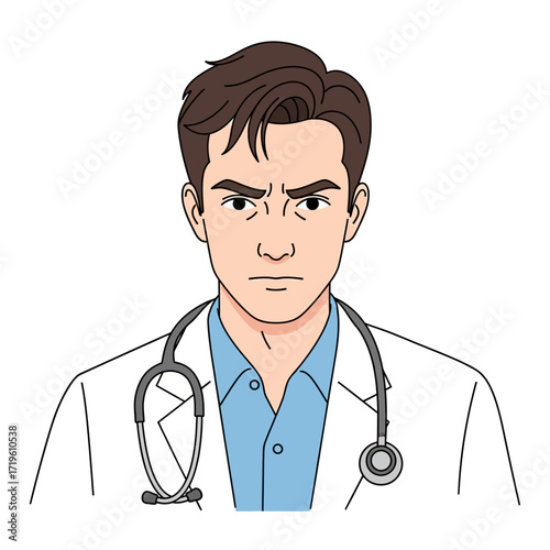 An intense medical professional stares with a stern expression. Wearing a lab coat and stethoscope, a doctor exudes seriousness