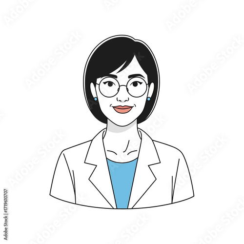 An illustration of a professional woman, possibly a doctor or scientist, smiling confidently while wearing glasses and a lab coat.
