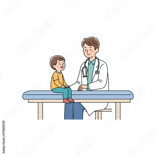 A doctor reassuring a young boy during a medical checkup. The illustration captures a moment of care and trust, highlighting the importance of pediatric healthcare