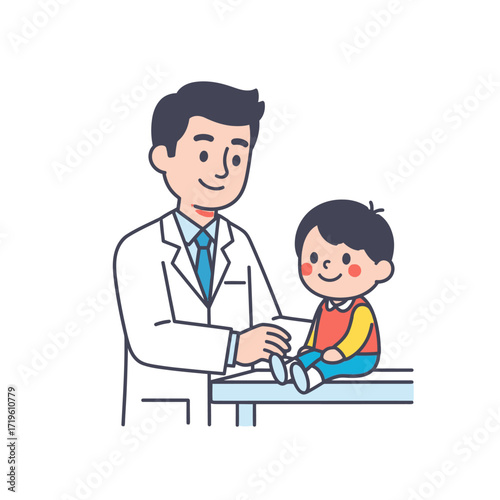 A doctor examining a child in a medical illustration, with a friendly demeanor. The doctor in a lab coat and the child is seated on a examination table, smiling with a friendly attitude. 