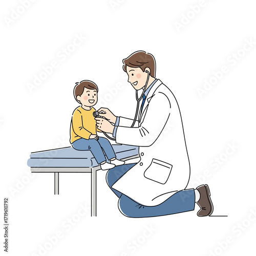 A friendly doctor examines a young patient with a stethoscope in a bright office setting. The scene highlights the doctor's care and the child's comfort.