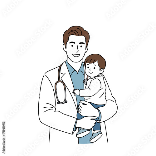 A friendly doctor holding a child, symbolizing care and trust, with a stethoscope around his neck