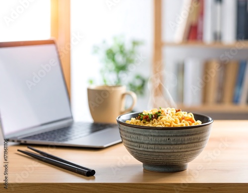 Instant noodles steaming in a bowl, laptop in the background