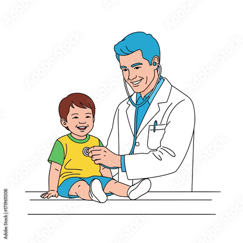 A doctor using a stethoscope to examine a child. The child is smiling while sitting on a table
