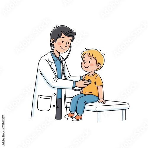 A doctor uses a stethoscope to examine a young boy in medical office