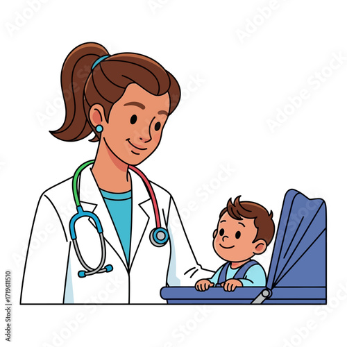 A friendly doctor with a stethoscope gently attending to a child in a stroller, creating a caring and reassuring atmosphere. The scene is filled with warmth and trust