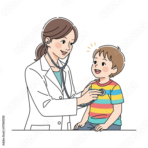 A caring doctor examining a young boy, using a stethoscope for a check-up. The doctor is smiling reassuringly, and the boy seems comfortable and happy