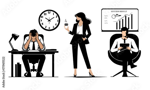 Gen Z Office Life Illustration – Stress, Coffee Break, and Success