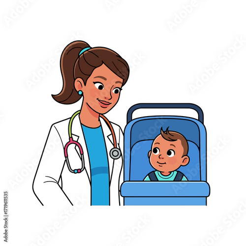 A doctor and a baby. A healthcare professional smiles down at a baby in a stroller