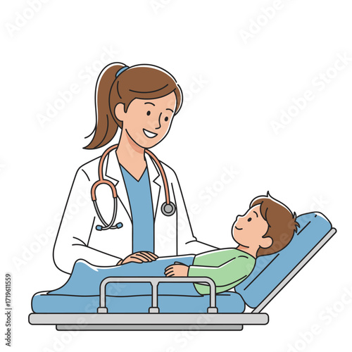 A caring medical doctor and a little boy in hospital bed