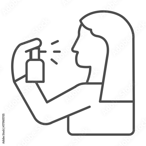 Woman with perfume thin line icon, body hygiene concept. Vector graphics. Lady, girl and deodorant, cosmetics sign on white background, outline style icon for mobile or web design.