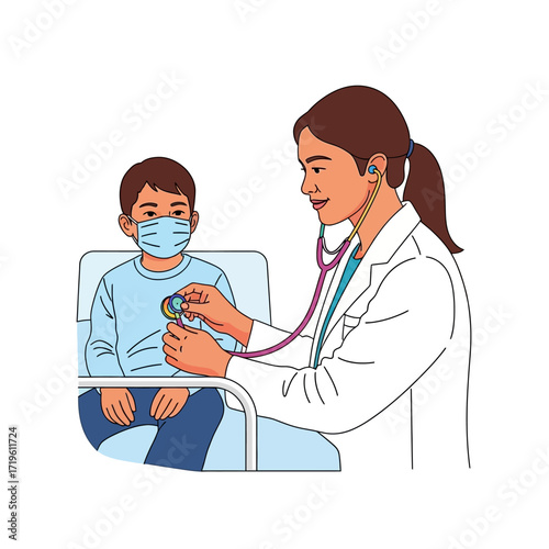 A doctor using stethoscope to exam a patient. The doctor wearing a lab coat, and the patient wearing mask 