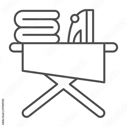 Ironing board with iron thin line icon, body hygiene concept. Vector graphics. Clean linen and towels, laundry sign on white background, outline style icon for mobile or web design.