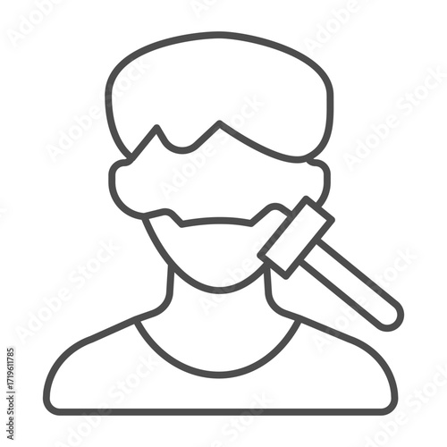 Guy with stubble and razor thin line icon, body hygiene concept. Vector graphics. Man avatar with blade, shaving sign on white background, outline style icon for mobile or web design.