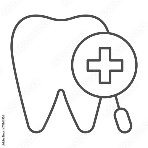 Tooth with magnifier and plus thin line icon, body hygiene concept. Vector graphics. Magnifying glass with cross, dentistry sign on white background, outline style icon for mobile or web design.