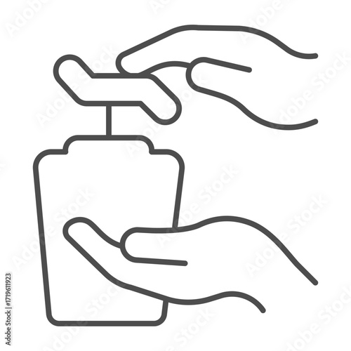Liquid soap jar in hand thin line icon, body hygiene concept. Vector graphics. Hand and bottle with tap, hand washing sign on white background, outline style icon for mobile or web design.